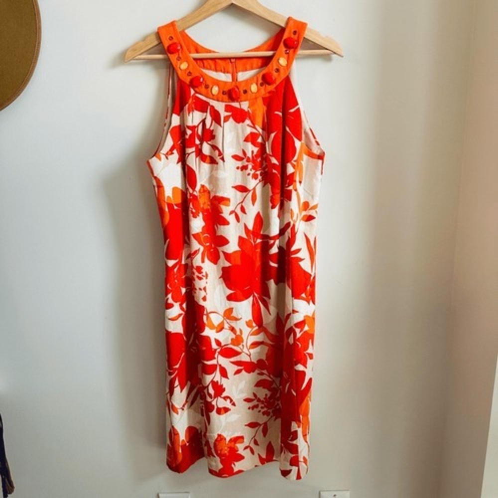 Vintage Jessica Howard Orange Floral Linen Blend Embellished Shift Dress 12 - Picture 2 of 8